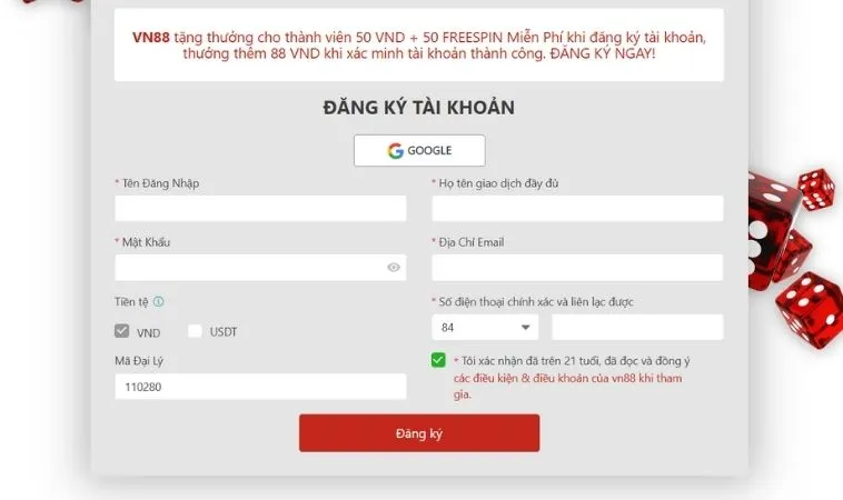 Giao diện đăng ký VN88